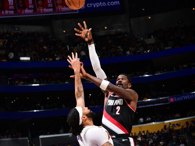 LOS ANGELES, CA - DECEMBER 8: Deandre Ayton #2 of the Portland Trail Blazers drives to the basket during the game against the Los Angeles Lakers on December 8, 2024 at Crypto.Com Arena in Los Angeles, California. NOTE TO USER: User expressly acknowledges and agrees that, by downloading and/or using this Photograph, user is consenting to the terms and conditions of the Getty Images License Agreement. Mandatory Copyright Notice: Copyright 2024 NBAE (Photo by Adam Pantozzi/NBAE via Getty Images)