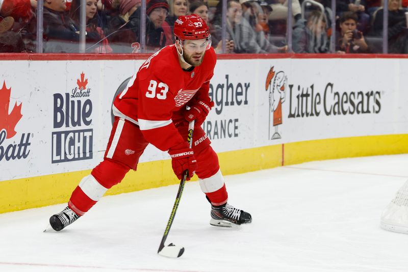 Jan 7, 2025; Detroit, Michigan, USA; Detroit Red Wings right wing Alex DeBrincat (93) skates with the puck in the second period against the Ottawa Senators at Little Caesars Arena. Mandatory Credit: Rick Osentoski-Imagn Images