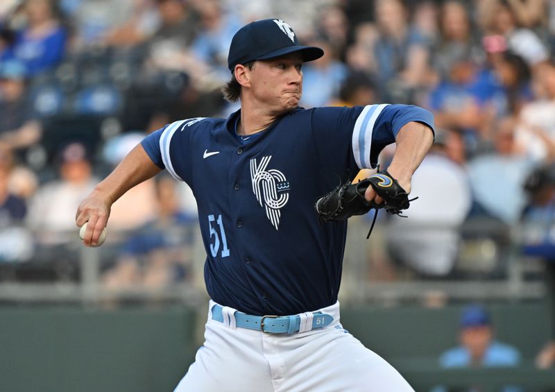 Jun 16, 2023; Kansas City, Missouri, USA; Kansas City Royals starting pitcher Brady Singer (51) pitches in the first inning against the Los Angeles Angels at Kauffman Stadium. Mandatory Credit: Peter Aiken-USA TODAY Sports