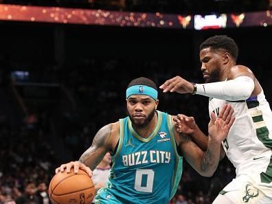 CHARLOTTE, NC - NOVEMBER 17: Miles Bridges #0 of the Charlotte Hornets drives to the basket during the game against the Milwaukee Bucks during the In-Season Tournament on November 17, 2023 at Spectrum Center in Charlotte, North Carolina. NOTE TO USER: User expressly acknowledges and agrees that, by downloading and or using this photograph, User is consenting to the terms and conditions of the Getty Images License Agreement.  Mandatory Copyright Notice:  Copyright 2023 NBAE (Photo by Brock Williams-Smith/NBAE via Getty Images)