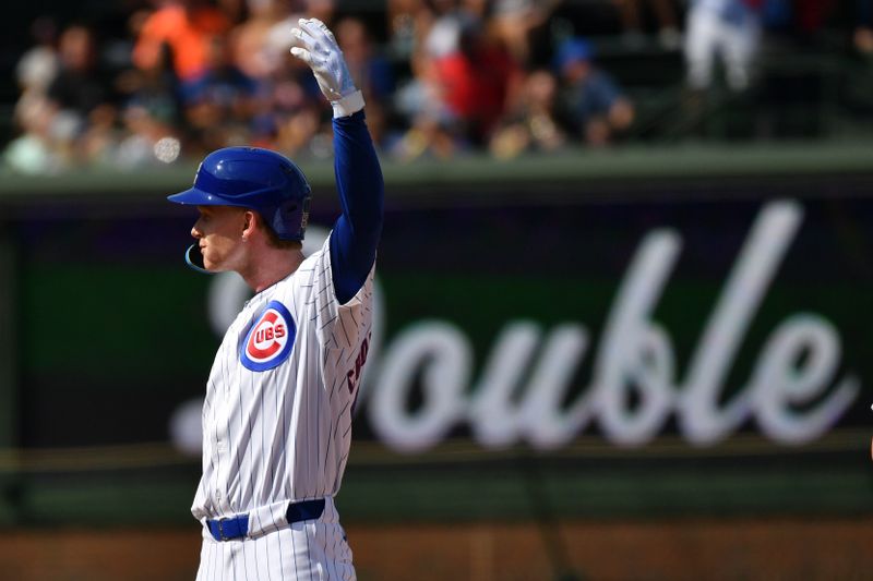 Aug 22, 2024; Chicago, Illinois, USA; Chicago Cubs center fielder Pete Crow-Armstrong (52) celebrates his two-run double during the seventh inning against the Detroit Tigers at Wrigley Field. Mandatory Credit: Patrick Gorski-USA TODAY Sports