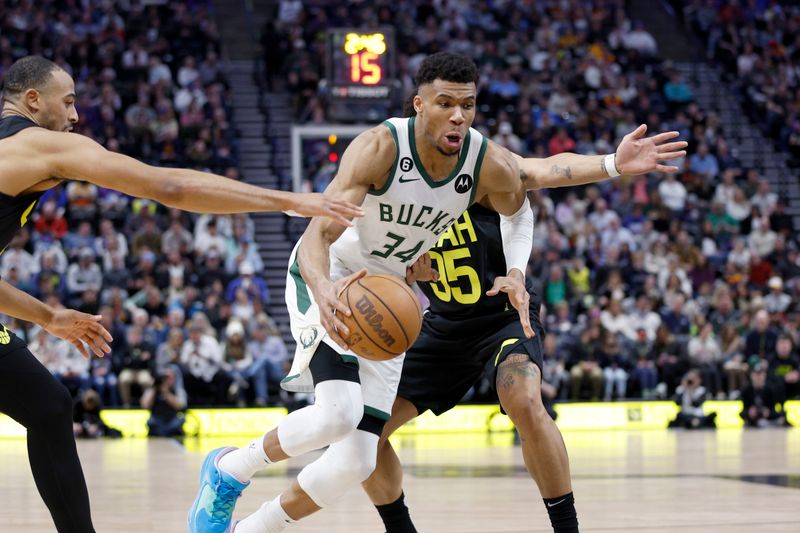 SALT LAKE CITY, UT - MARCH 24: Giannis Antetokounmpo #34 of the Milwaukee Bucks dribbles the ball against the Utah Jazz on March 24, 2023 at vivint.SmartHome Arena in Salt Lake City, Utah. NOTE TO USER: User expressly acknowledges and agrees that, by downloading and or using this Photograph, User is consenting to the terms and conditions of the Getty Images License Agreement. Mandatory Copyright Notice: Copyright 2023 NBAE (Photo by Jeff Swinger/NBAE via Getty Images)