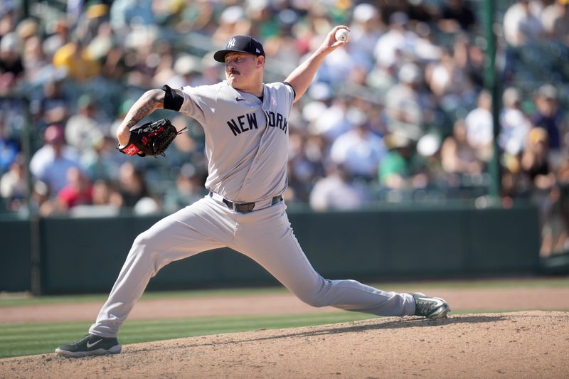 May 11, 2025; West Sacramento, California, USA; New York Yankees pitcher Tyler Matzek (68) delivers a pitch against the Athletics in the ninth inning at Sutter Health Park. Mandatory Credit: Cary Edmondson-Imagn Images