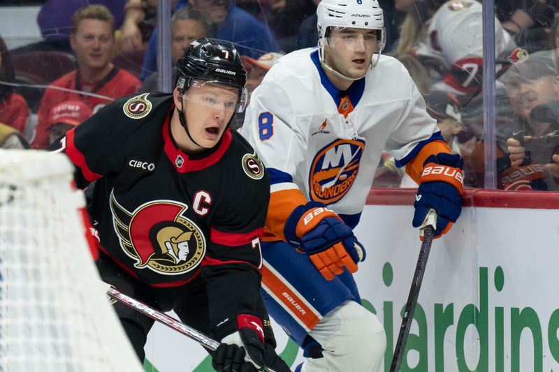 Nov 7, 2024; Ottawa, Ontario, CAN; Ottawa Senators left wing Brady Tkachuk (7) and New York Islanders defenseman Noah Dobson (8) follow the puck in the first period at the Canadian Tire Centre. Mandatory Credit: Marc DesRosiers-Imagn Images