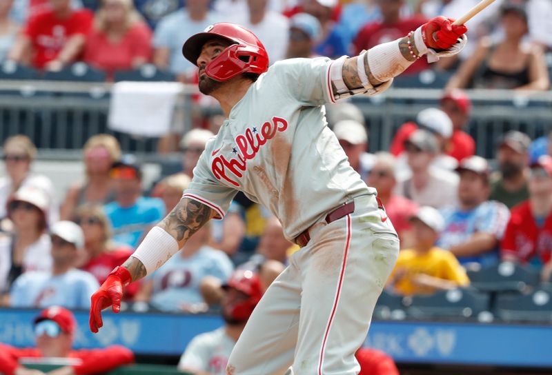 Jul 21, 2024; Pittsburgh, Pennsylvania, USA;  Philadelphia Phillies right fielder Nick Castellanos (8) hits a solo home run against the Pittsburgh Pirates during the ninth inning at PNC Park. The Phillies won 6-0. Mandatory Credit: Charles LeClaire-USA TODAY Sports