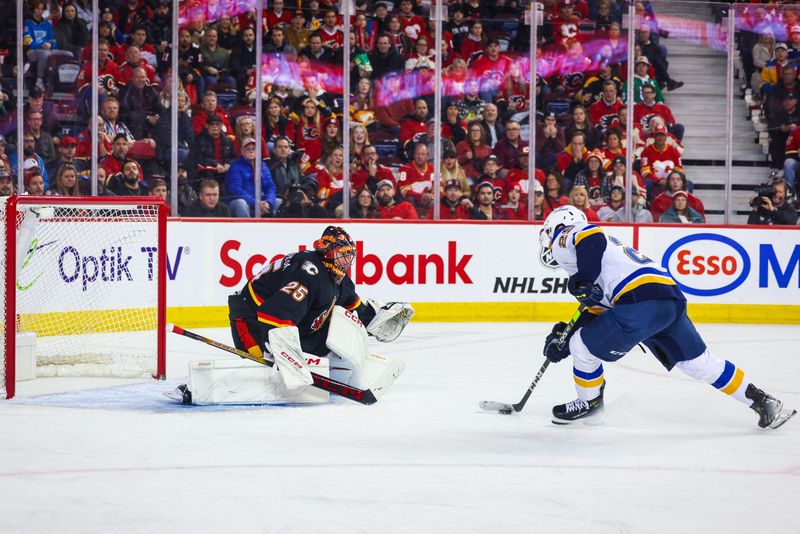 Jan 23, 2024; Calgary, Alberta, CAN; Calgary Flames goaltender Jacob Markstrom (25) makes a save against St. Louis Blues center Jordan Kyrou (25) during the third period at Scotiabank Saddledome. Mandatory Credit: Sergei Belski-USA TODAY Sports