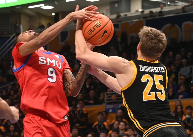 Feb 7, 2026; Pittsburgh, Pennsylvania, USA;  SMU Mustangs guard B.J. Davis-Ray (9) and  Pittsburgh Panthers guard Nojus Indrusaitis (25) go for a rebound during the second half  at Petersen Events Center. The Panthers lost 86-67. Mandatory Credit: Philip G. Pavely-Imagn Images