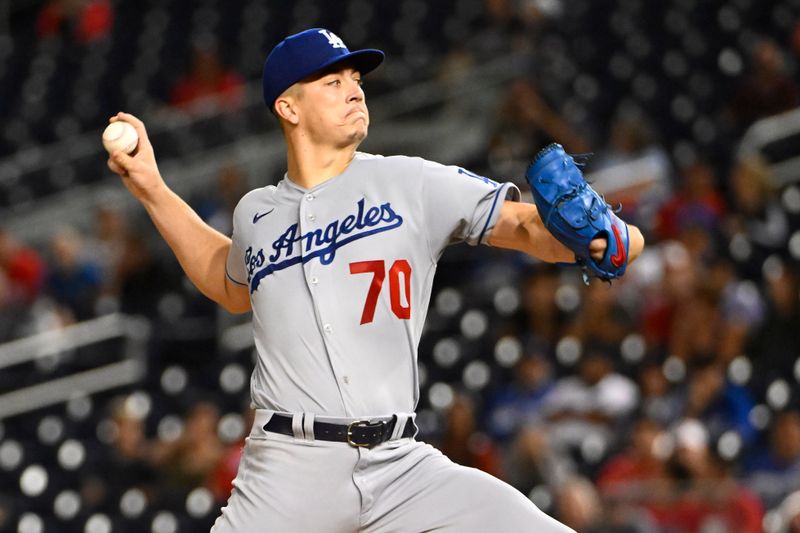 Sep 9, 2023; Washington, District of Columbia, USA; Los Angeles Dodgers starting pitcher Bobby Miller (70) throws to the Washington Nationals during the first inning at Nationals Park. Mandatory Credit: Brad Mills-USA TODAY Sports