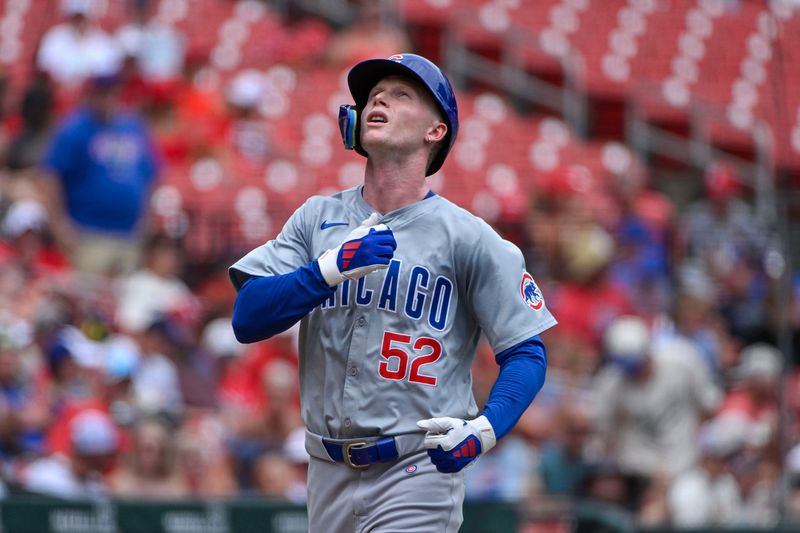 Jul 14, 2024; St. Louis, Missouri, USA;  Chicago Cubs center fielder Pete Crow-Armstrong (52) reacts as he runs the bases after hitting a solo home run against the St. Louis Cardinals during the third inning at Busch Stadium. Mandatory Credit: Jeff Curry-USA TODAY Sports