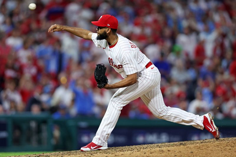 Oct 11, 2023; Philadelphia, Pennsylvania, USA; Philadelphia Phillies relief pitcher Seranthony Dominguez (58) pitches during the seventh inning against the Atlanta Braves in game three of the NLDS for the 2023 MLB playoffs at Citizens Bank Park. Mandatory Credit: Bill Streicher-USA TODAY Sports