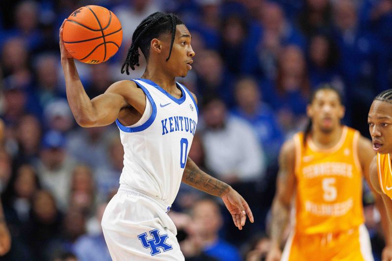 Feb 3, 2024; Lexington, Kentucky, USA; Kentucky Wildcats guard Rob Dillingham (0) passes the ball during the first half against the Tennessee Volunteers at Rupp Arena at Central Bank Center. Mandatory Credit: Jordan Prather-USA TODAY Sports