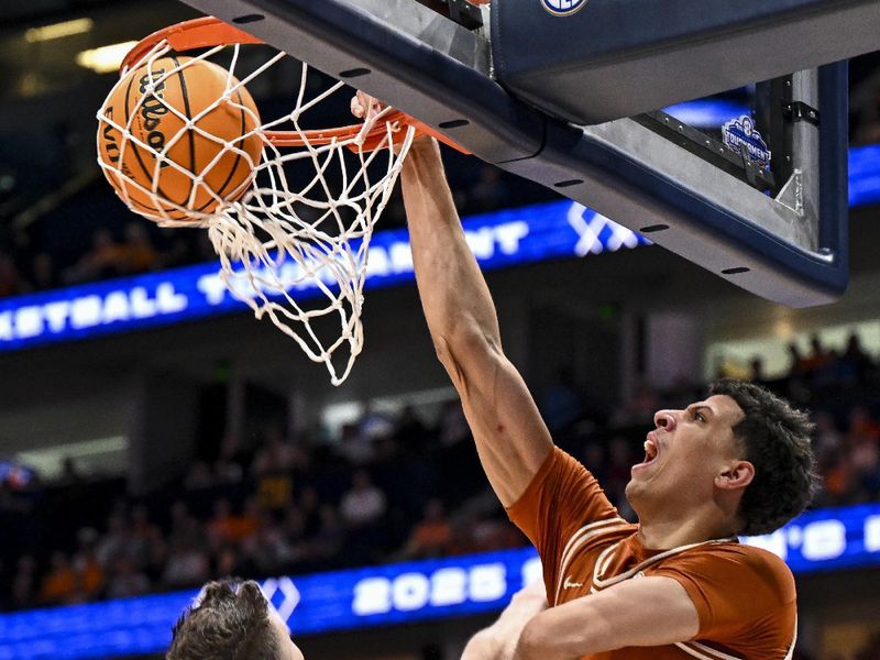Mar 14, 2025; Nashville, TN, USA;  Texas Longhorns forward Kadin Shedrick (5) dunks the ball Tennessee Volunteers forward Igor Milicic Jr. (7) during the second half at Bridgestone Arena. Mandatory Credit: Steve Roberts-Imagn Images