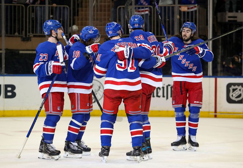 Apr 5, 2023; New York, New York, USA; New York Rangers left wing Chris Kreider (20) celebrates his goal with teammates during the first period against the Tampa Bay Lightning at Madison Square Garden. Mandatory Credit: Danny Wild-USA TODAY Sports