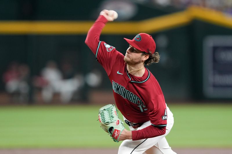 May 5, 2024; Phoenix, Arizona, USA; Arizona Diamondbacks pitcher Ryne Nelson pitches against the San Diego Padres during the first inning at Chase Field. Mandatory Credit: Joe Camporeale-USA TODAY Sports