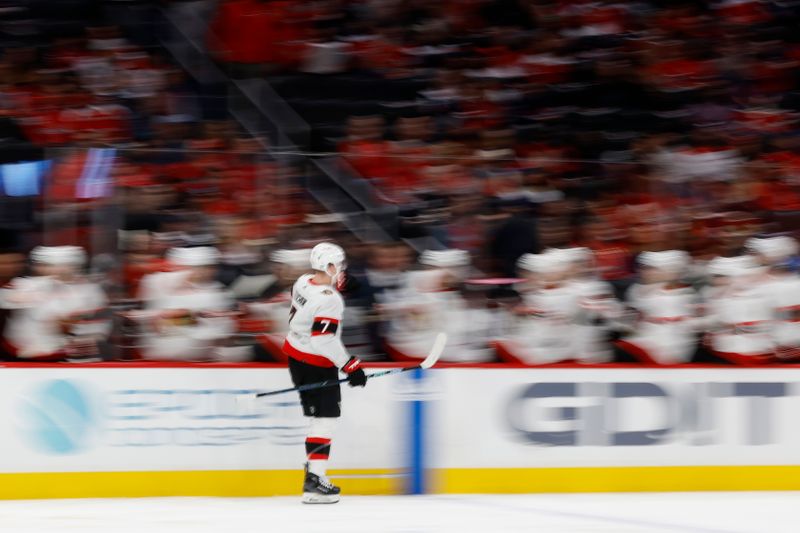 Feb 26, 2024; Washington, District of Columbia, USA; Ottawa Senators left wing Brady Tkachuk (7) celebrates with teammates after scoring a goal against the Washington Capitals in the second period at Capital One Arena. Mandatory Credit: Geoff Burke-USA TODAY Sports