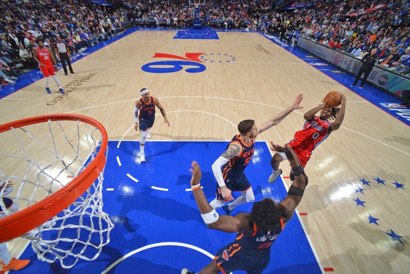 PHILADELPHIA, PA - APRIL 28: Tyrese Maxey #0 of the Philadelphia 76ers shoots the ball during the game against the New York Knicks during Round 1 Game 4 of the 2024 NBA Playoffs on April 28, 2024 at the Wells Fargo Center in Philadelphia, Pennsylvania NOTE TO USER: User expressly acknowledges and agrees that, by downloading and/or using this Photograph, user is consenting to the terms and conditions of the Getty Images License Agreement. Mandatory Copyright Notice: Copyright 2024 NBAE (Photo by Jesse D. Garrabrant/NBAE via Getty Images)