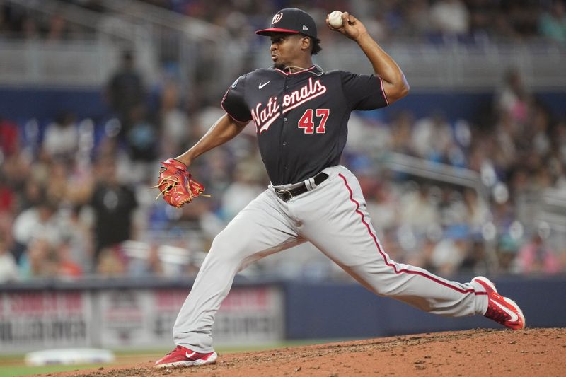 Aug 26, 2023; Miami, Florida, USA;  Washington Nationals relief pitcher Jose Ferrer (47) pitches against the Miami Marlins in the seventh inning at loanDepot Park. Mandatory Credit: Jim Rassol-USA TODAY Sports