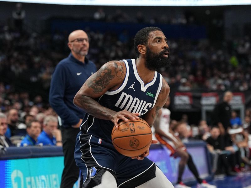 DALLAS, TX - MARCH 7: Kyrie Irving #11 of the Dallas Mavericks handles the ball during the game against the Miami Heat on March 7, 2024 at the American Airlines Center in Dallas, Texas. NOTE TO USER: User expressly acknowledges and agrees that, by downloading and or using this photograph, User is consenting to the terms and conditions of the Getty Images License Agreement. Mandatory Copyright Notice: Copyright 2024 NBAE (Photo by Glenn James/NBAE via Getty Images)