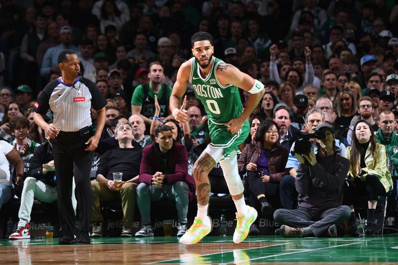 BOSTON, MA - APRIL 5: Jayson Tatum #0 of the Boston Celtics looks on during the game against the Sacramento Kings  on April 5, 2024 at the TD Garden in Boston, Massachusetts. NOTE TO USER: User expressly acknowledges and agrees that, by downloading and or using this photograph, User is consenting to the terms and conditions of the Getty Images License Agreement. Mandatory Copyright Notice: Copyright 2024 NBAE  (Photo by Brian Babineau/NBAE via Getty Images)
