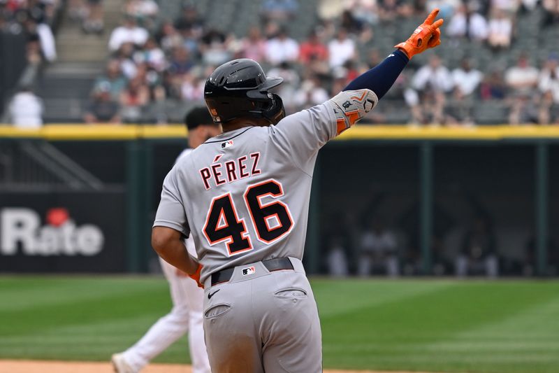 Jun 5, 2025; Chicago, Illinois, USA;  Detroit Tigers outfielder Wenceel Pérez (46) points after he homers during the seventh inning against the Chicago White Sox at Rate Field. Mandatory Credit: Matt Marton-Imagn Images