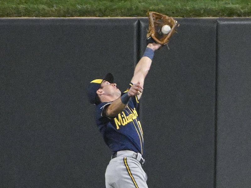 Sep 18, 2023; St. Louis, Missouri, USA;  Milwaukee Brewers center fielder Sal Frelick (10) leaps and catches a line drive hit by St. Louis Cardinals second baseman Tommy Edman (not pictured) during the second inning at Busch Stadium. Mandatory Credit: Jeff Curry-USA TODAY Sports