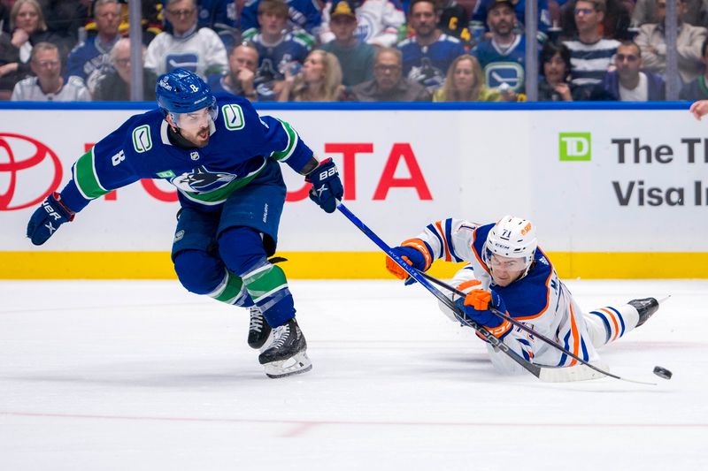 May 8, 2024; Vancouver, British Columbia, CAN; Vancouver Canucks forward Conor Garland (8) checks Edmonton Oilers forward Ryan McLeod (71) during the third period in game one of the second round of the 2024 Stanley Cup Playoffs at Rogers Arena. Mandatory Credit: Bob Frid-USA TODAY Sports