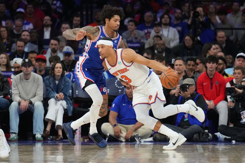 PHILADELPHIA, PA - APRIL 25: Josh Hart #3 of the New York Knicks dribbles the ball during the game against the Philadelphia 76ers during Round 1 Game 3 of the 2024 NBA Playoffs on April 25, 2024 at the Wells Fargo Center in Philadelphia, Pennsylvania NOTE TO USER: User expressly acknowledges and agrees that, by downloading and/or using this Photograph, user is consenting to the terms and conditions of the Getty Images License Agreement. Mandatory Copyright Notice: Copyright 2024 NBAE (Photo by Jesse D. Garrabrant/NBAE via Getty Images)