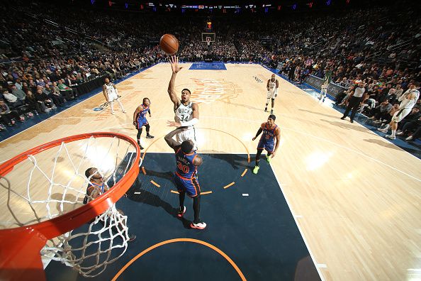 NEW YORK, NY - DECEMBER 23: Giannis Antetokounmpo #34 of the Milwaukee Bucks goes to the basket during the game  on December 23, 2023 at Madison Square Garden in New York City, New York.  NOTE TO USER: User expressly acknowledges and agrees that, by downloading and or using this photograph, User is consenting to the terms and conditions of the Getty Images License Agreement. Mandatory Copyright Notice: Copyright 2023 NBAE  (Photo by Nathaniel S. Butler/NBAE via Getty Images)