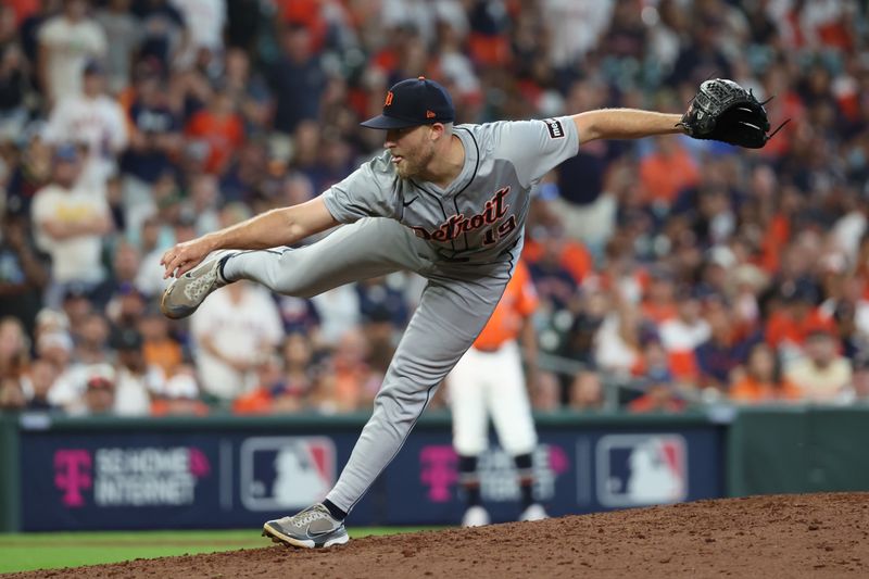 Oct 2, 2024; Houston, Texas, USA; Detroit Tigers pitcher Will Vest (19) throws against the Houston Astros during the ninth inning of game two of the Wildcard round for the 2024 MLB Playoffs at Minute Maid Park. Mandatory Credit: Thomas Shea-Imagn Images