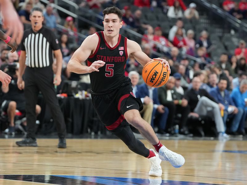 Mar 9, 2023; Las Vegas, NV, USA; Stanford Cardinal guard Michael O'Connell (5) dribbles against the Arizona Wild Cats during the first half at T-Mobile Arena. Mandatory Credit: Stephen R. Sylvanie-USA TODAY Sports