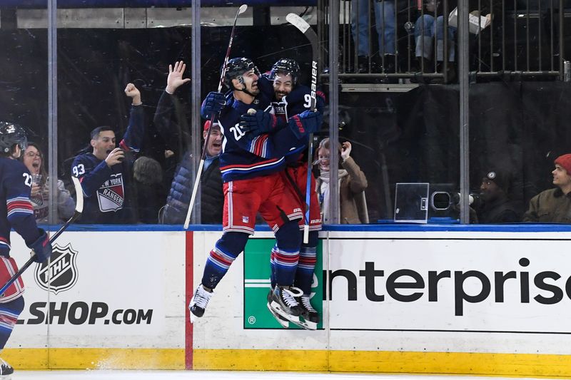 Dec 23, 2023; New York, New York, USA; New York Rangers left wing Chris Kreider (20) celebrates his overtime winning goal against the Buffalo Sabres with New York Rangers center Mika Zibanejad (93) during the overtime period at Madison Square Garden. Mandatory Credit: Dennis Schneidler-USA TODAY Sports