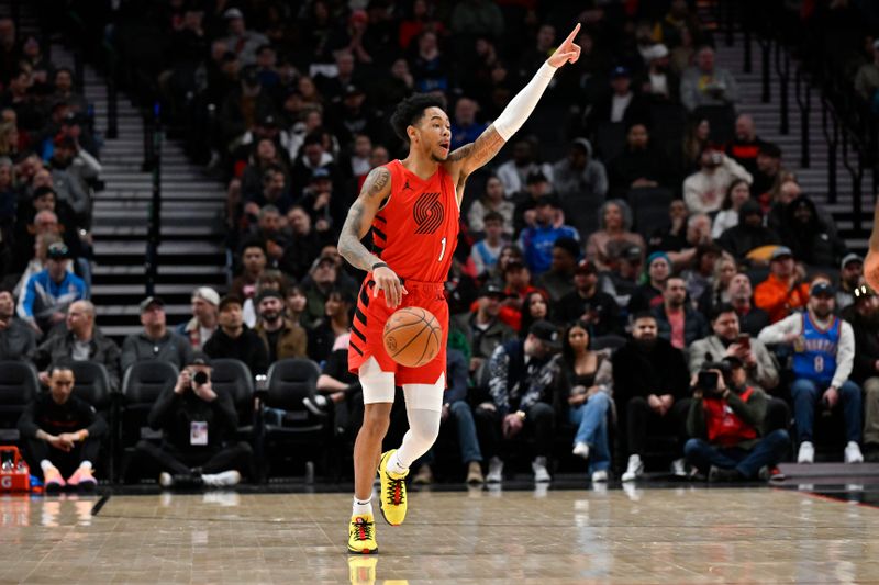 PORTLAND, OREGON - MARCH 06: Anfernee Simons #1 of the Portland Trail Blazers gestures during the first quarter of the game against the Oklahoma City Thunder at the Moda Center on March 06, 2024 in Portland, Oregon. NOTE TO USER: User expressly acknowledges and agrees that, by downloading and or using this photograph, User is consenting to the terms and conditions of the Getty Images License Agreement. (Photo by Alika Jenner/Getty Images)