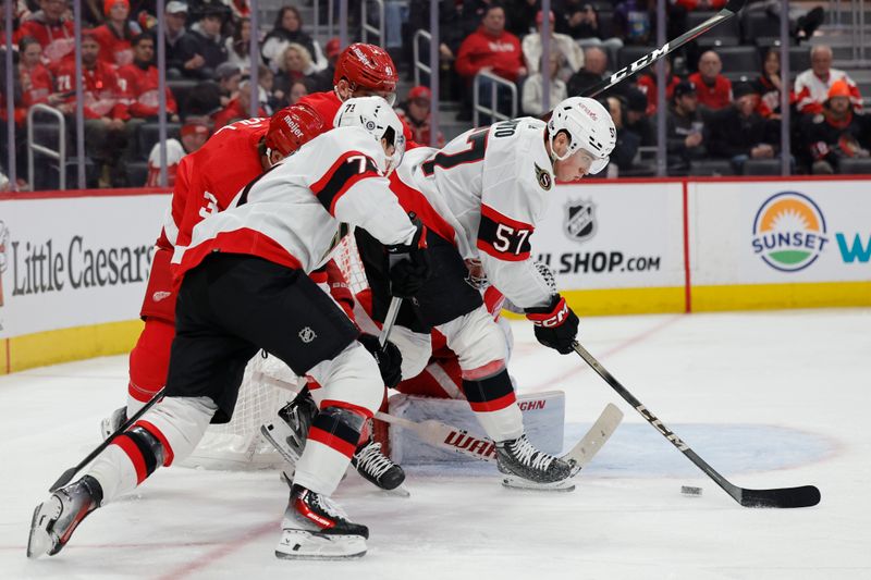 Jan 31, 2024; Detroit, Michigan, USA;  Ottawa Senators center Shane Pinto (57) skates with the puck in the first period against the Detroit Red Wings at Little Caesars Arena. Mandatory Credit: Rick Osentoski-USA TODAY Sports