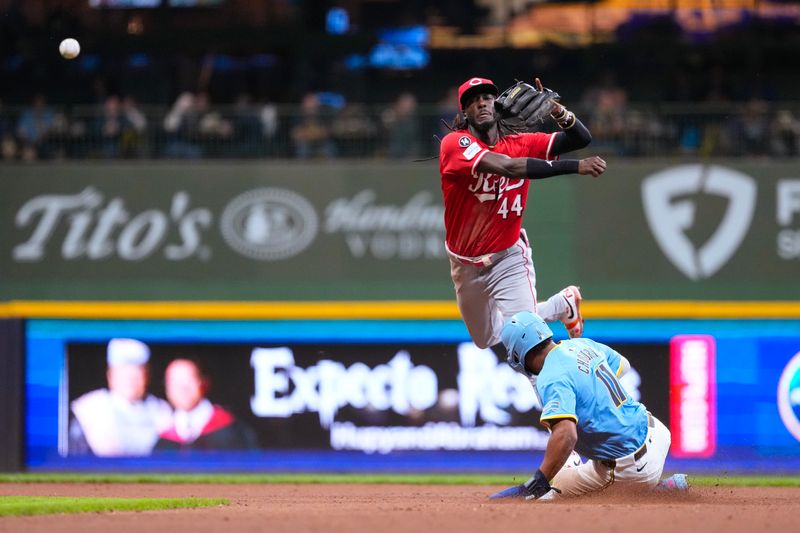 Sep 26, 2025; Milwaukee, Wisconsin, USA;  Cincinnati Reds shortstop Elly De La Cruz (44) turns a double play before Milwaukee Brewers center fielder Jackson Chourio (11) can slide into second base during the eighth inning at American Family Field. Mandatory Credit: Jeff Hanisch-Imagn Images
