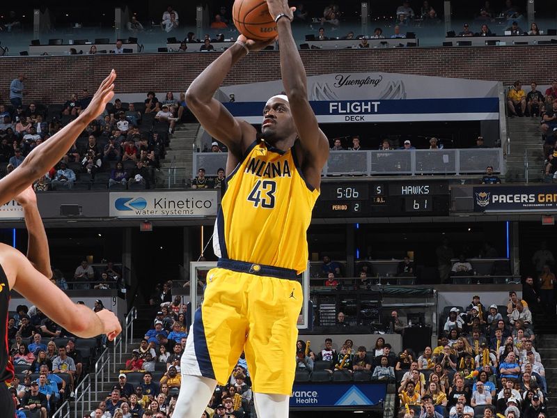 INDIANAPOLIS, IN - APRIL 14: Pascal Siakam #43 of the Indiana Pacers shoots the ball during the game against the Atlanta Hawks on April 14, 2024 at Gainbridge Fieldhouse in Indianapolis, Indiana. NOTE TO USER: User expressly acknowledges and agrees that, by downloading and or using this Photograph, user is consenting to the terms and conditions of the Getty Images License Agreement. Mandatory Copyright Notice: Copyright 2024 NBAE (Photo by Ron Hoskins/NBAE via Getty Images)