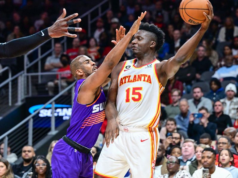 ATLANTA, GA - FEBUARY 9: Clint Capela #15 of the Atlanta Hawks handles the ball during the game  on Febuary 9, 2023 at State Farm Arena in Atlanta, Georgia.  NOTE TO USER: User expressly acknowledges and agrees that, by downloading and/or using this Photograph, user is consenting to the terms and conditions of the Getty Images License Agreement. Mandatory Copyright Notice: Copyright 2023 NBAE (Photo by Adam Hagy/NBAE via Getty Images)