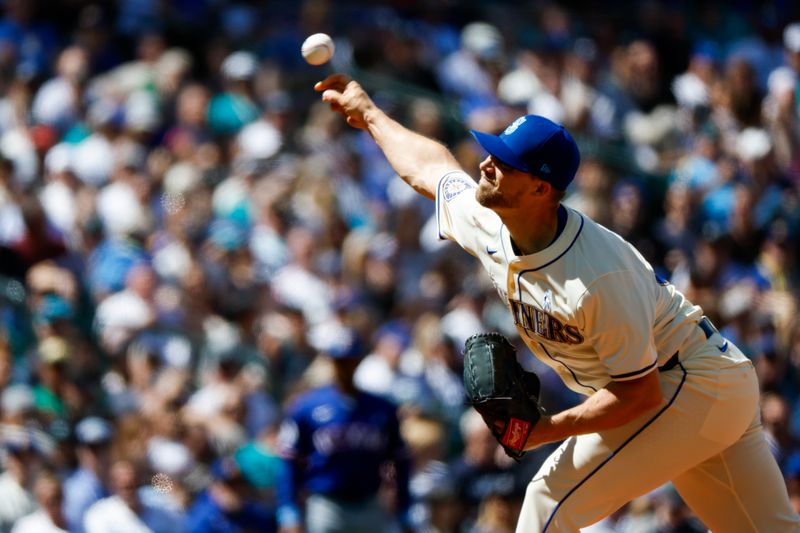 Jun 16, 2024; Seattle, Washington, USA; Seattle Mariners relief pitcher Austin Voth (30) throws against the Texas Rangers during the ninth inning at T-Mobile Park. Mandatory Credit: Joe Nicholson-USA TODAY Sports