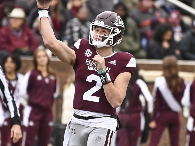 Nov 19, 2022; Starkville, Mississippi, USA; Mississippi State Bulldogs quarterback Will Rogers (2) makes a pass against the East Tennessee State Buccaneers during the second quarter at Davis Wade Stadium at Scott Field. Mandatory Credit: Matt Bush-USA TODAY Sports