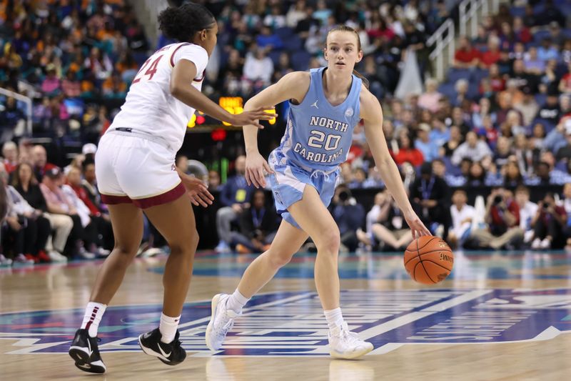 Mar 7, 2025; Greensboro, NC, USA;  North Carolina Tar Heels guard Lexi Donarski (20) sets the play during the second quarter at First Horizon Coliseum. Mandatory Credit: Cory Knowlton-Imagn Images