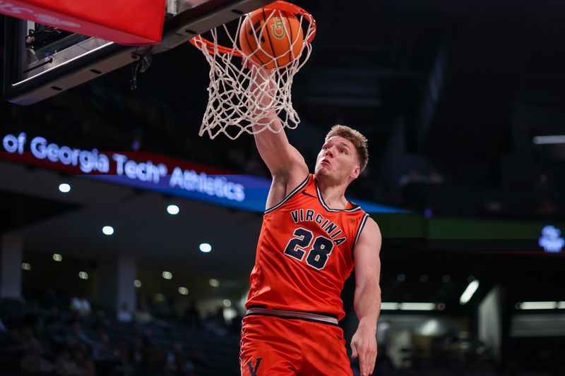 Feb 18, 2026; Atlanta, Georgia, USA; Virginia Cavaliers forward Thijs de Ridder (28) dunks against the Georgia Tech Yellow Jackets in the first half at McCamish Pavilion. Mandatory Credit: Brett Davis-Imagn Images
