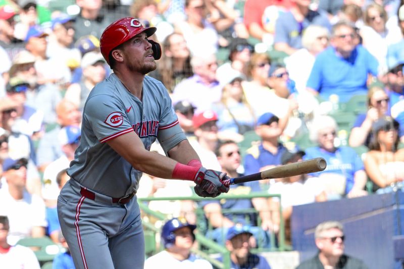 Aug 11, 2024; Milwaukee, Wisconsin, USA;  Cincinnati Reds catcher Tyler Stephenson (37) watches after hitting a solo home run in the fifth inning against the Milwaukee Brewers at American Family Field. Mandatory Credit: Benny Sieu-USA TODAY Sports