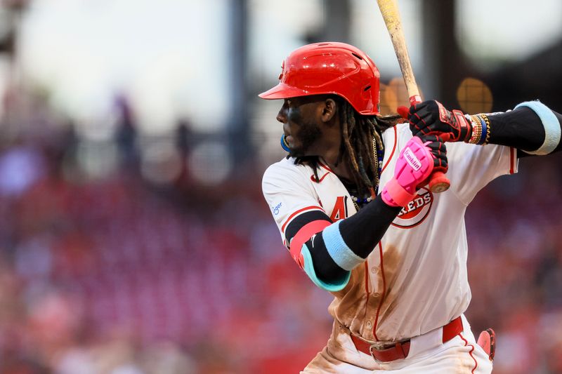 Jul 8, 2024; Cincinnati, Ohio, USA; Cincinnati Reds shortstop Elly De La Cruz (44) at bat in the fourth inning against the Colorado Rockies at Great American Ball Park. Mandatory Credit: Katie Stratman-USA TODAY Sports