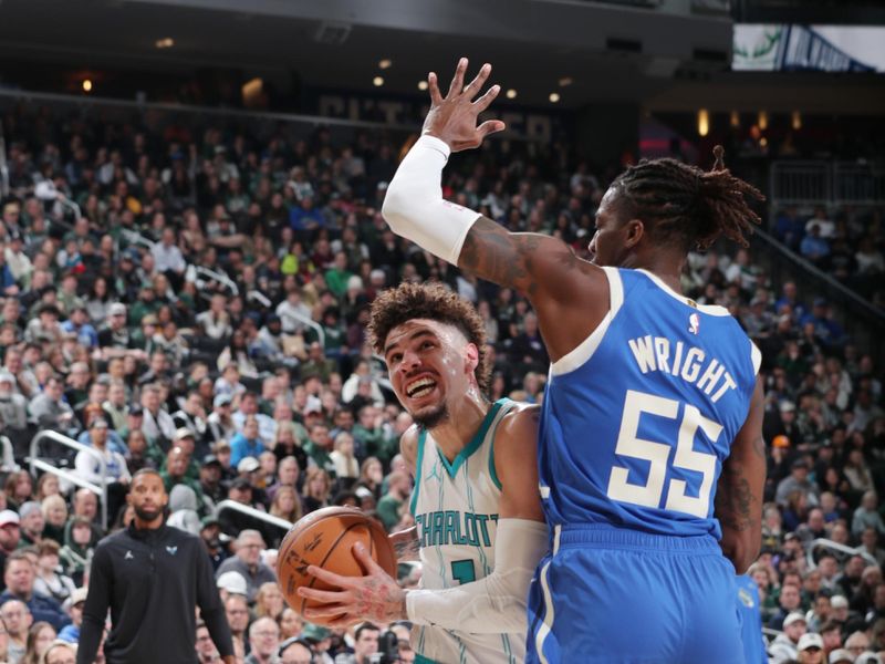 MILWAUKEE, WI - NOVEMBER 23: LaMelo Ball #1 of the Charlotte Hornets drives to the basket during the game against the Milwaukee Bucks on November 23, 2024 at the Fiserv Forum Center in Milwaukee, Wisconsin. NOTE TO USER: User expressly acknowledges and agrees that, by downloading and or using this Photograph, user is consenting to the terms and conditions of the Getty Images License Agreement. Mandatory Copyright Notice: Copyright 2023 NBAE (Photo by Gary Dineen/NBAE via Getty Images).