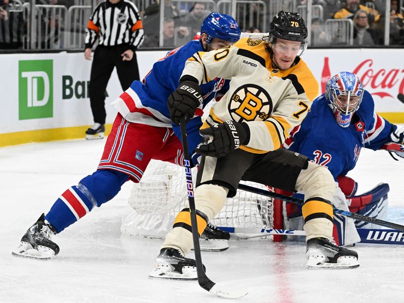 Mar 21, 2024; Boston, Massachusetts, USA; Boston Bruins goaltender Brandon Bussi (70) skates against New York Rangers during the third period at the TD Garden. Mandatory Credit: Brian Fluharty-USA TODAY Sports