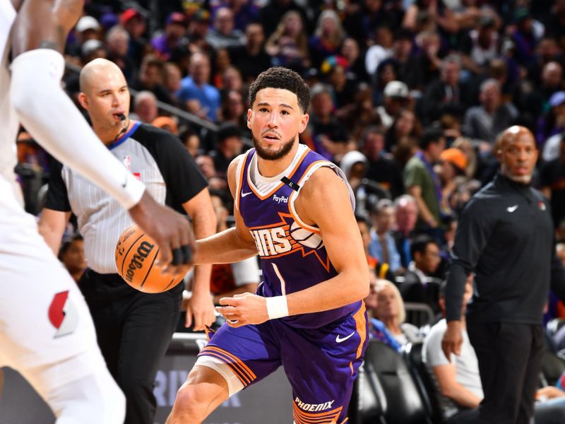 PHOENIX, AZ - NOVEMBER 2: Devin Booker #1 of the Phoenix Suns dribbles the ball during the game against the Portland Trail Blazers on November 2, 2024 at Footprint Center in Phoenix, Arizona. NOTE TO USER: User expressly acknowledges and agrees that, by downloading and or using this photograph, user is consenting to the terms and conditions of the Getty Images License Agreement. Mandatory Copyright Notice: Copyright 2024 NBAE (Photo by Barry Gossage/NBAE via Getty Images)