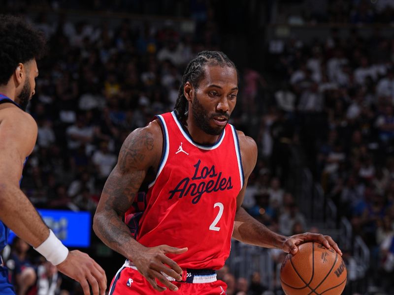 DENVER, CO - MAY 3:  Kawhi Leonard #2 of the LA Clippers dribbles the ball during the game against the Denver Nuggets during Round 1 Game 7 of the 2025 NBA Playoffs on May 3, 2025 at Ball Arena in Denver, Colorado. NOTE TO USER: User expressly acknowledges and agrees that, by downloading and/or using this Photograph, user is consenting to the terms and conditions of the Getty Images License Agreement. Mandatory Copyright Notice: Copyright 2025 NBAE (Photo by Garrett Ellwood/NBAE via Getty Images)