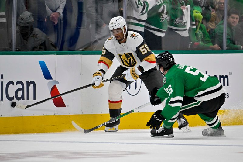 Apr 22, 2024; Dallas, Texas, USA; Vegas Golden Knights right wing Keegan Kolesar (55) and Dallas Stars defenseman Thomas Harley (55) battle for control of the puck during the third period in game one of the first round of the 2024 Stanley Cup Playoffs at the American Airlines Center. Mandatory Credit: Jerome Miron-USA TODAY Sports