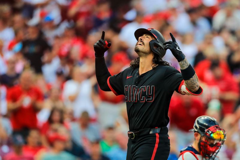 Jun 21, 2024; Cincinnati, Ohio, USA; Cincinnati Reds second baseman Jonathan India (6) reacts after hitting a solo home run in the second inning against the Boston Red Sox at Great American Ball Park. Mandatory Credit: Katie Stratman-USA TODAY Sports