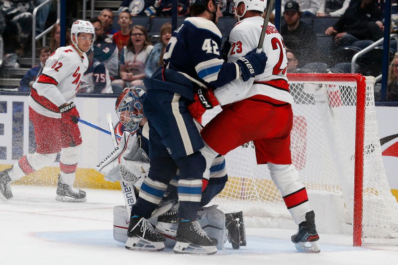 Feb 29, 2024; Columbus, Ohio, USA; Columbus Blue Jackets goalie Daniil Tarasov (40) makes a save against the Carolina Hurricanes during the second period at Nationwide Arena. Mandatory Credit: Russell LaBounty-USA TODAY Sports