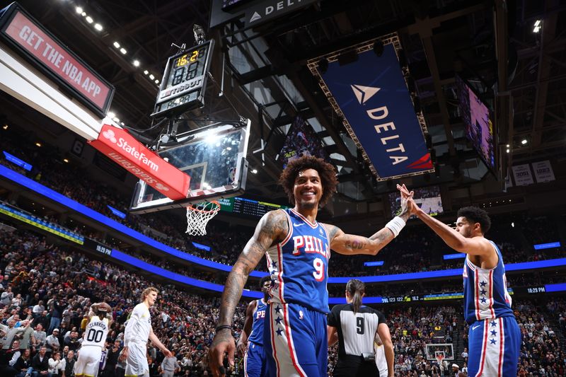 SALT LAKE CITY, UT - FEBRUARY 1: Kelly Oubre Jr. #9 of the Philadelphia 76ers smiles during the game against the Utah Jazz on February 1, 2024 at Delta Center in Salt Lake City, Utah. NOTE TO USER: User expressly acknowledges and agrees that, by downloading and or using this Photograph, User is consenting to the terms and conditions of the Getty Images License Agreement. Mandatory Copyright Notice: Copyright 2024 NBAE (Photo by Melissa Majchrzak/NBAE via Getty Images)